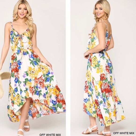 NWT Beautiful Florals Off white Ruffle Hem and Trim Maxi Hi Lo Dress - Picture 2 of 5